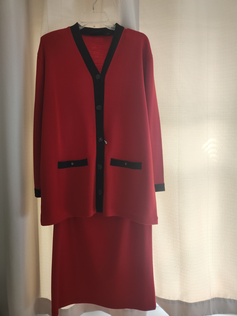 Vintage Liz Claiborne Red & Black Cardigan & Skirt Suit Set, Petite Large